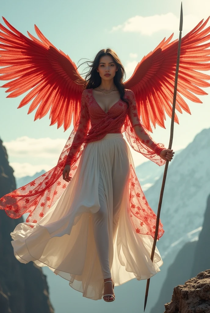 A woman wearing a shawl made of used plastic, highlighting large and sexy breasts, soft transparent red and white colour with red and white motifs, with wings like Indonesian garuda, holding a spear, elegant minimalist classic design, wearing a very long white skirt with patterns, above the sky, fly on top of mountains, hovering, with a shooting angle from the front, very realistic, (complex detail: 0.9), (hdr, hyperdetail: 1.2), RAW, Sony Alpha a9 II, 24-105mm f/4, HDR,