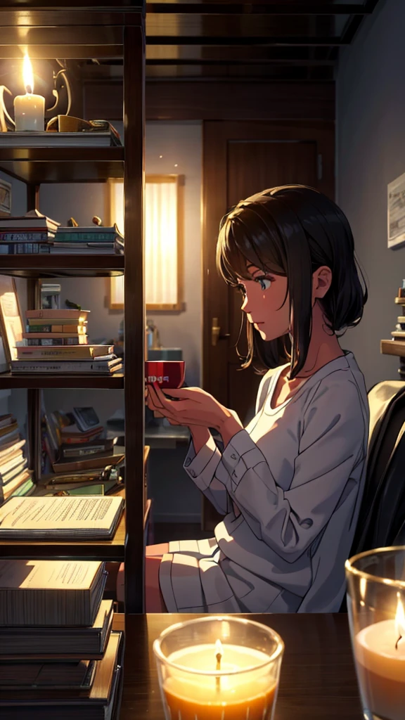A study or work environment lit only by candles or soft lights, com livros empilhados, a cup of tea and a person focused on a project.