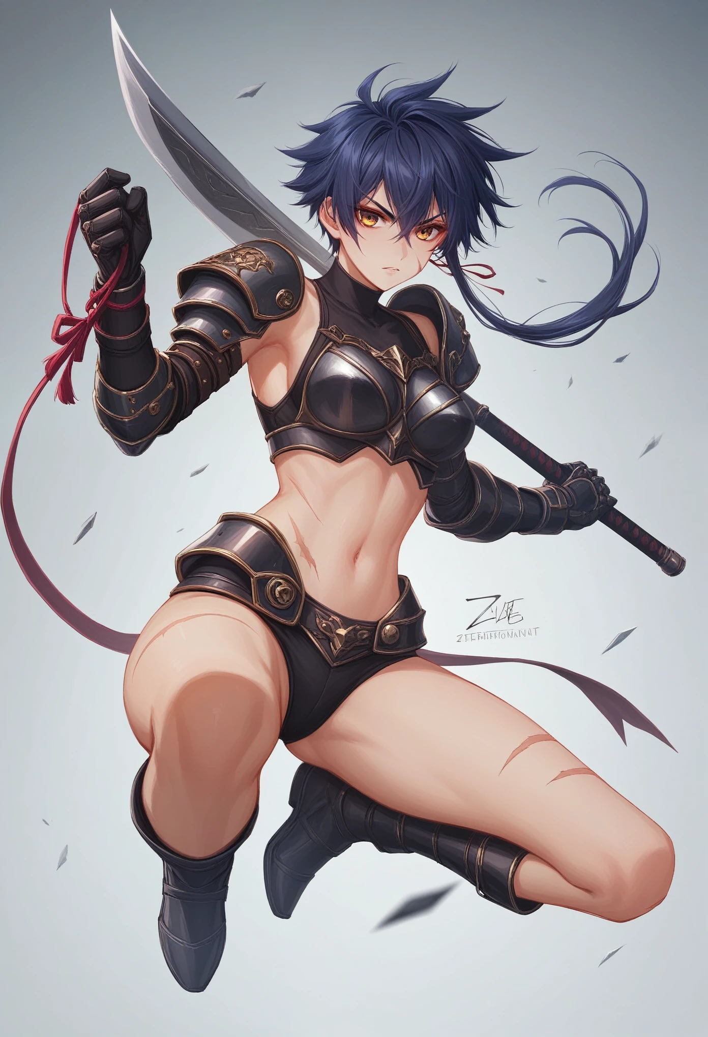4n1v3rs3, zPDXL2, hyper-realistic 3/4 view full body female spacepunk knight with a stern look, holding a weapon, jumping, character design inspired by Yoji Shinkawa and Tsutomu Nihei, black and yellow, battle-worn armored intricate and elegant with scars and scratches, in 16k Ultra Highres