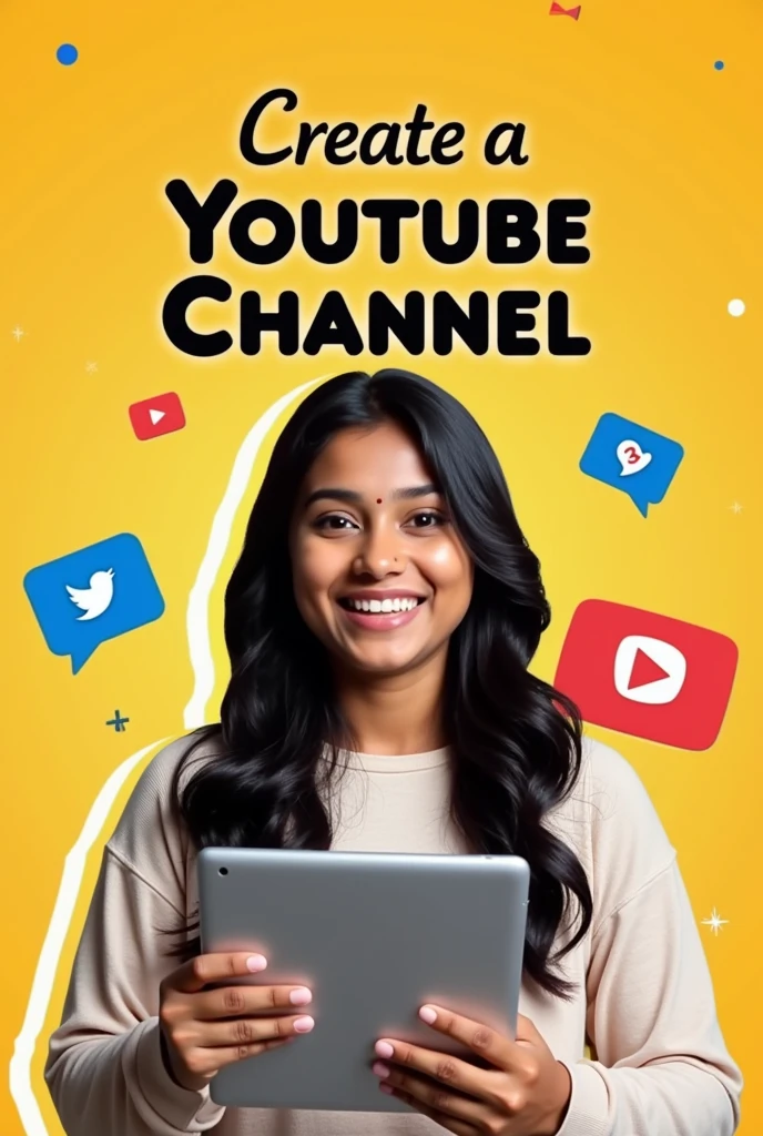 thumbnail size - 16:9 pixel

**"Create a YouTube Channel: Simple Steps to Get Started!"**

Design a vibrant thumbnail featuring:
- **Background:** Bright, engaging colors with a subtle YouTube logo.
- **Main Image:** A indian girl looking excited and holding a tablet or laptop.
- **Title Text:** “Create a YouTube Channel” in bold, eye-catching font.
- **Additional Elements:** Icons or symbols related to video creation or social media.