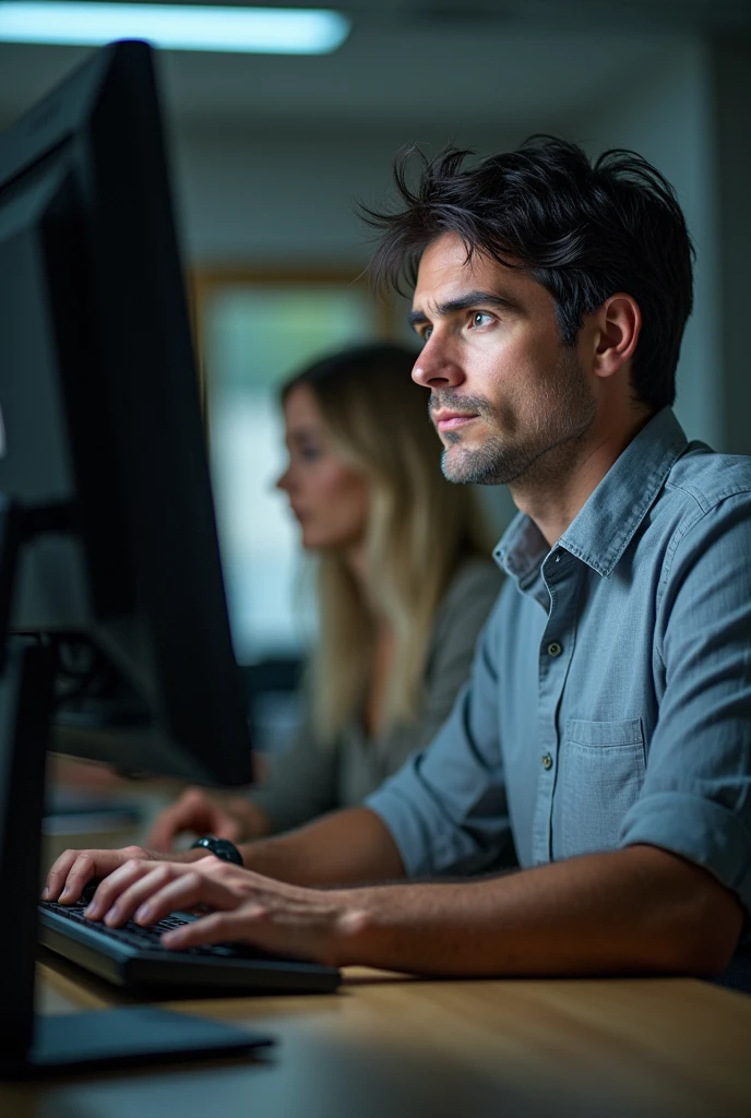 (Male teacher with slightly disheveled black hair, deep, piercing brown eyes, Strong jaw and prominent chin. Erect and confident posture, firm and determined hands, using computer in computer lab at university. A woman with blonde hair and blue eyes, olhando para a tela do computador ou em outra mesa typing. (typing, programming, programming language))