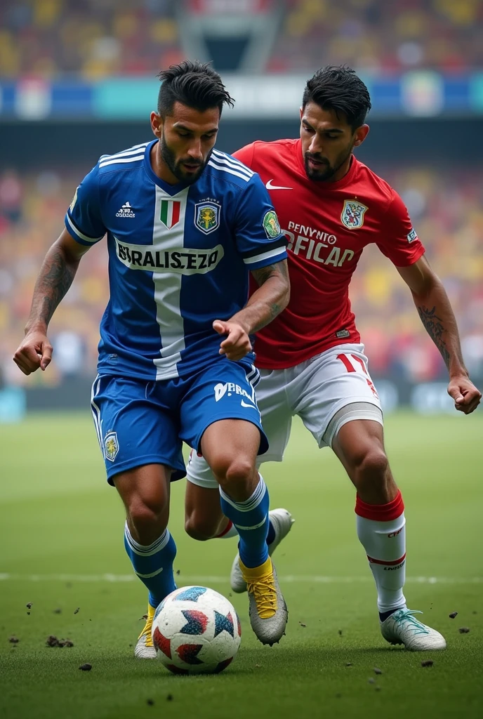 Create a Fortaleza player and one from Cucuta Deportivo fighting for a ball