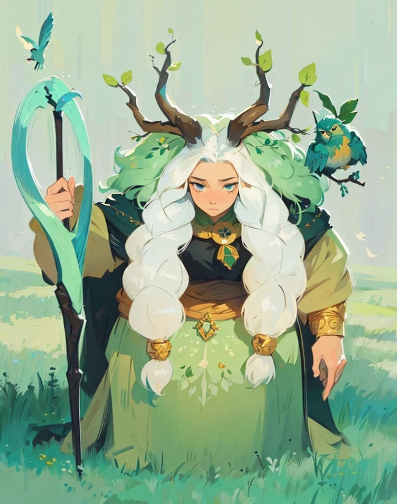 ((Best Quality, 8K, Masterpiece: 1.3)), best quality, ultra high res, a cartoon image of a granny, old women, with a staff and a bird, nature druid, druid goddess, female druid, portrait of a female druid, a druid, great character design, character design contest winner, portrait of a forest mage, druid portrait, forest spirit, tree druid, hyperdetailed fantasy character, fey queen of the summer forest, druid