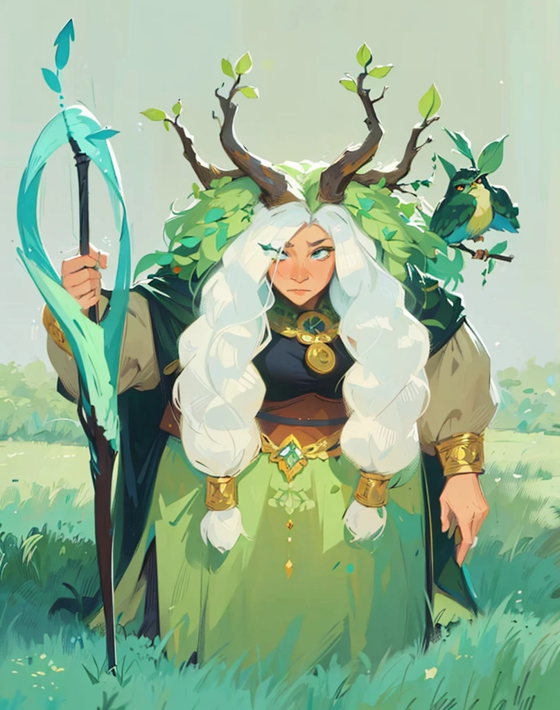 ((Best Quality, 8K, Masterpiece: 1.3)), best quality, ultra high res, a cartoon image of a granny, old women, with a staff and a bird, nature druid, druid goddess, female druid, portrait of a female druid, a druid, great character design, character design contest winner, portrait of a forest mage, druid portrait, forest spirit, tree druid, hyperdetailed fantasy character, fey queen of the summer forest, druid