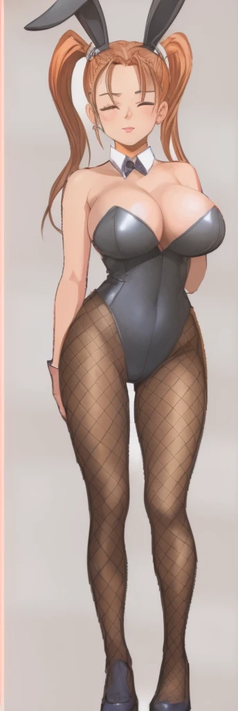 Jessica, with her big breasts, beautiful legs and twin tails, is standing with her eyes closed blowing a kiss in a black high-cut bunny suit and fishnet stockings.。