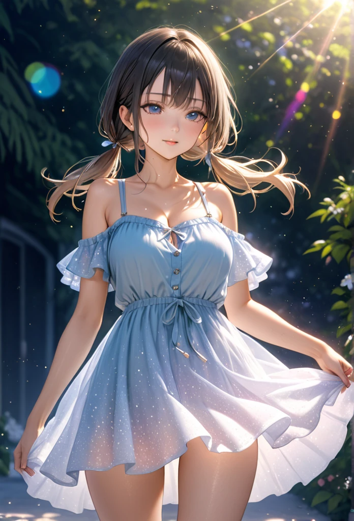 Highest quality　masterpiece　High resolution　masterpieceグレーアイズ　Low Twintails、casual summer outfit　、flowerpunk、Sparkling light particles、Vivid gradient effect