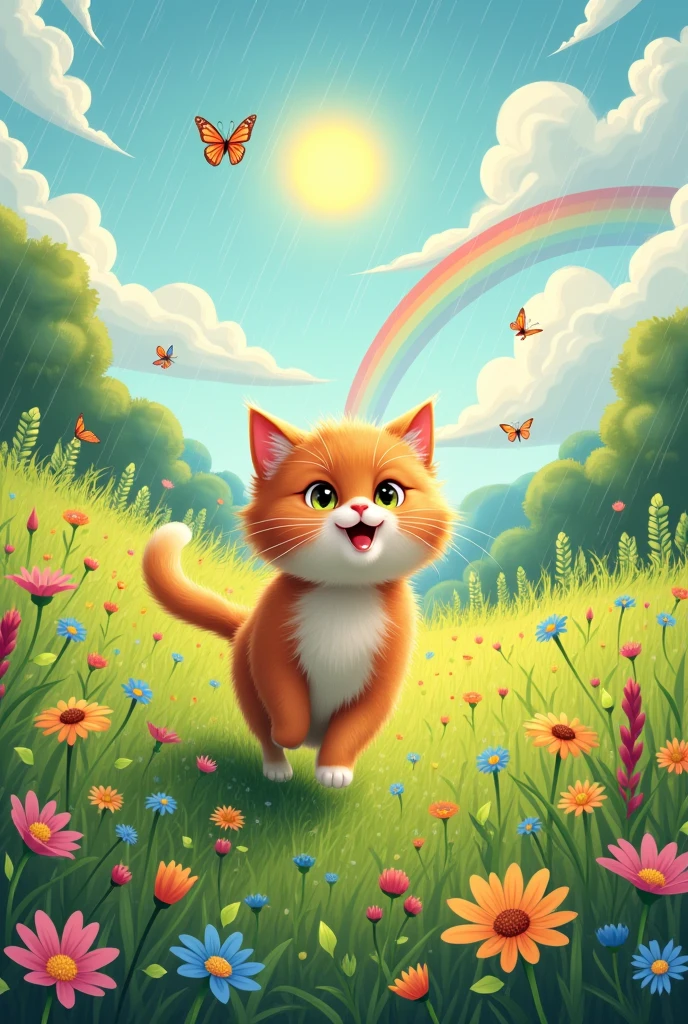 Design a t-shirt graphic featuring a detailed, whimsical scene of a playful cat frolicking in a lush, green meadow. The scene should include light, gentle rain falling from a partly cloudy sky. A vivid rainbow arches gracefully across the sky, with soft, pastel colors blending seamlessly. The sun should peek through the clouds, casting a warm, golden glow over the meadow. Include a variety of colorful wildflowers and tall grass around the cat, and perhaps a few butterflies fluttering nearby. The style should be vibrant and cheerful, with a balance of realistic details and whimsical, artistic touches. The overall design should evoke a sense of joy, serenity, and a deep connection with nature.”








