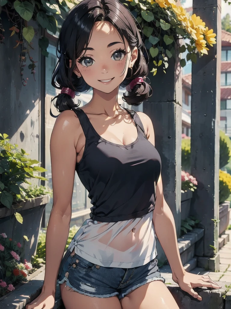 Woman posing for photo、Tank top shirt、Shorts、 beautiful girl、Cute Hairstyles、 solo、Smiling face