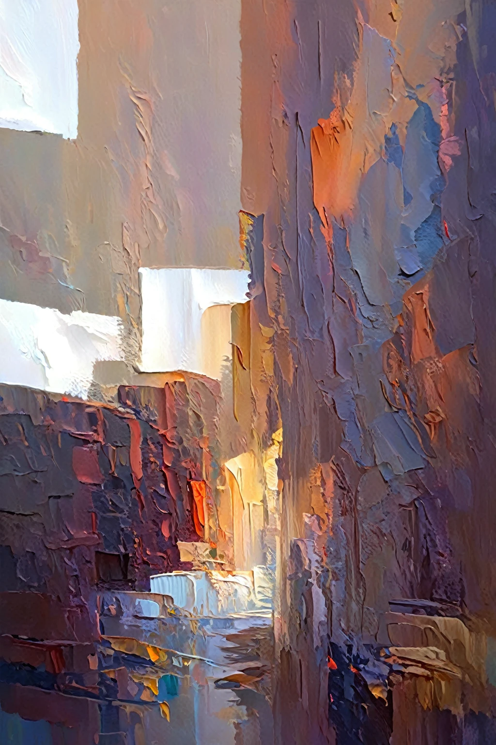 a  thick textured oil painting, impasto brushstrokes, dry brushing,revealing underlayers, (abstract landscape), moody lighting, dramatic shadows, muted earthy colors, vibrant colors, highly detailed, masterpiece,