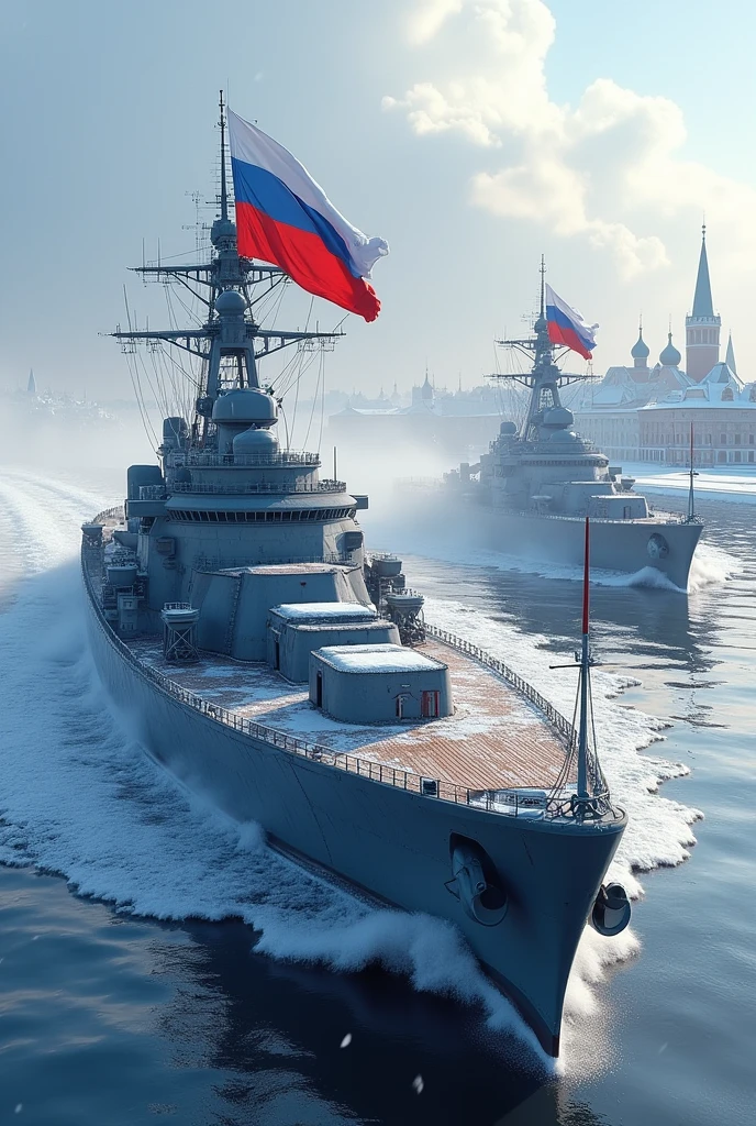 Warships with URRS flag with the city of Russia in the background in snow 3D Animation