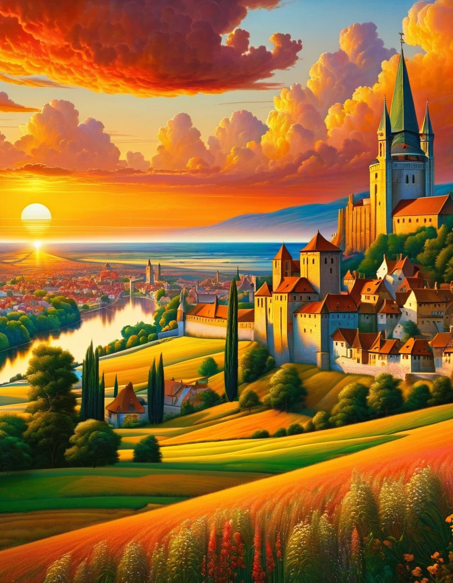 masterpiece,best composition,summer landscape,medieval european cityscape,sunset between buildings,orange clouds,fantastic and breathtaking,restful and beautiful view.