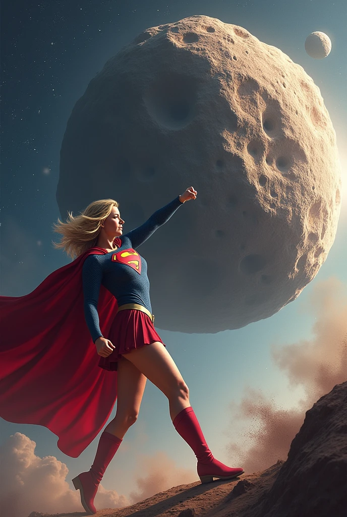 Supergirl punching a giant asteroid coming towards her with her face cut off