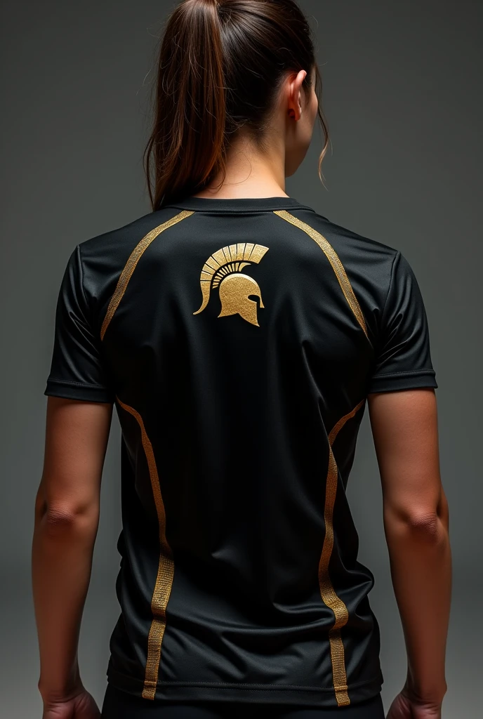 Create a black volleyball uniform shirt with gold with a small emblem of a sword and a warrior's helmet on the left side of the chest,large emblem on the back of the Spartan helmet