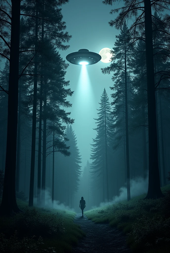 A night with pine trees and a UFO abducting
