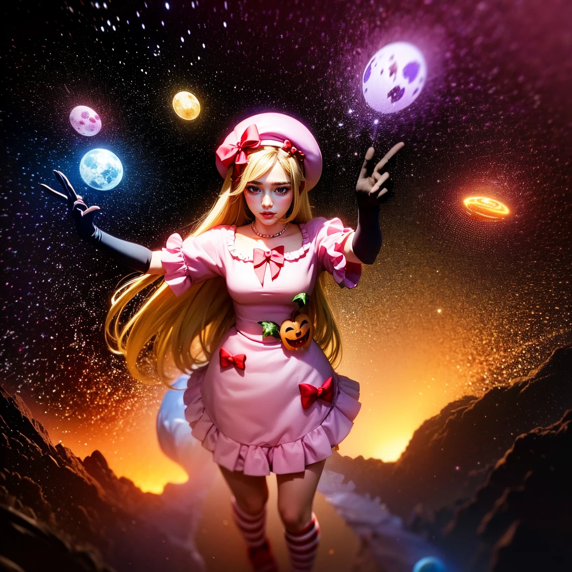 (1 lady), The beautiful, (Best quality at best:1.4), (ultra - detailed), (extremely detailed CG unified 16k), gold blonde hair, very detailed, High-definition RAW color photo, professional photoshooting, amazing face and eyes, cosmetics, (amazingly beautiful girl), ((lambdadelta, taller, tall woman)), tarankaaa, NOT DASHA TARAN:1.2, ((dress, shoes bow, red shoes, striped stockings, red bow, pink hat, necklace, gloves, pearl, pumpkin brooch, pink dress)), levitating in a cute posture (floating in the air), (She's levitating in a cosmic sea, outer space:1.3, quantum hyperspace room lacking walls, hyperspace chamber, extremely detailed background, a lot of details background, realistic outer space background with stars quasars and cosmic bodies, brighter background), (look from above), realistic cinematic face, head to feet long wide zoomed out view, full body long view, photorealistic, ((realistic natural blonde hair style, red eyes)), gorgeous, extremely beautiful face, perfect model beauty, pout mouth, Highly Detailed Face and Skin Texture, Detailed Eyes, Double Eyelids, Small Breasts, Persistent Stare, Faith Trance, (mystical stare, looking eternity), (masterpiece), best quality, high resolution, depth of field, cinematic lighting, amazing legs, pink combat boots, clear and well-cared skin