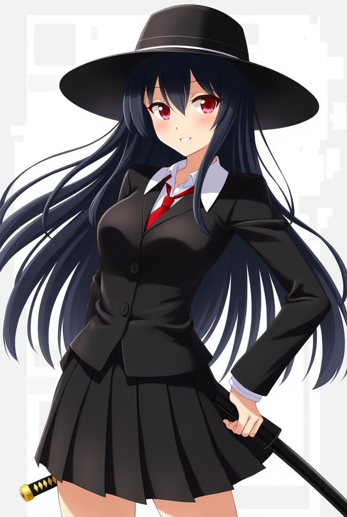 woman,semi-anime,Himecut,Straight-Black-hair,Long-hair,black-Japanese-sailor-school-uniform,Red-eyes,black-hat,Sharp-eyes, Striaght,carries a katana strapped to her hip,High school