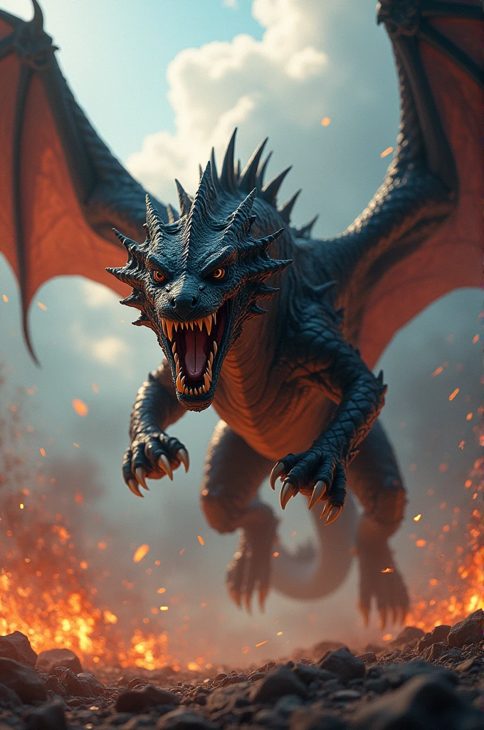 A black dragon leaps towards us on a battlefield of flying sparks.