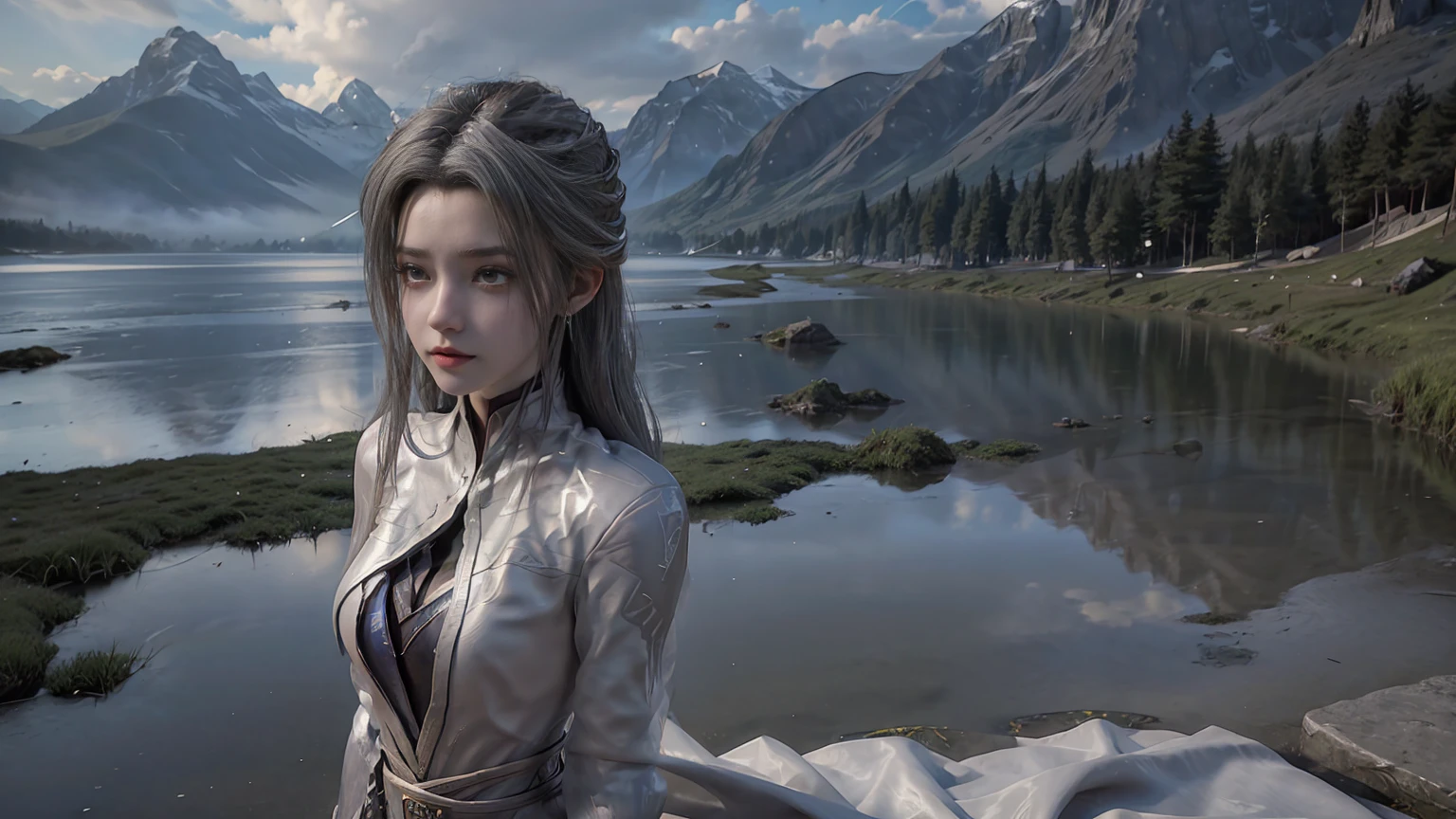 masterpiece,Game Art,Best picture quality,Maximum resolution,8k,(Upper Body),Unreal Engine 5 rendering works,(Digital Photography),(The girl looks at you lovingly,The smile is beautiful),Short hair details,(The eyes are very delicate),(With long gray hair:1.4),(Perfect body),(Bright dress),(background:mountain peak),light,night,Ray Tracing,RAW photos,((3D Unreal Engine)),OC rendering reflection mode