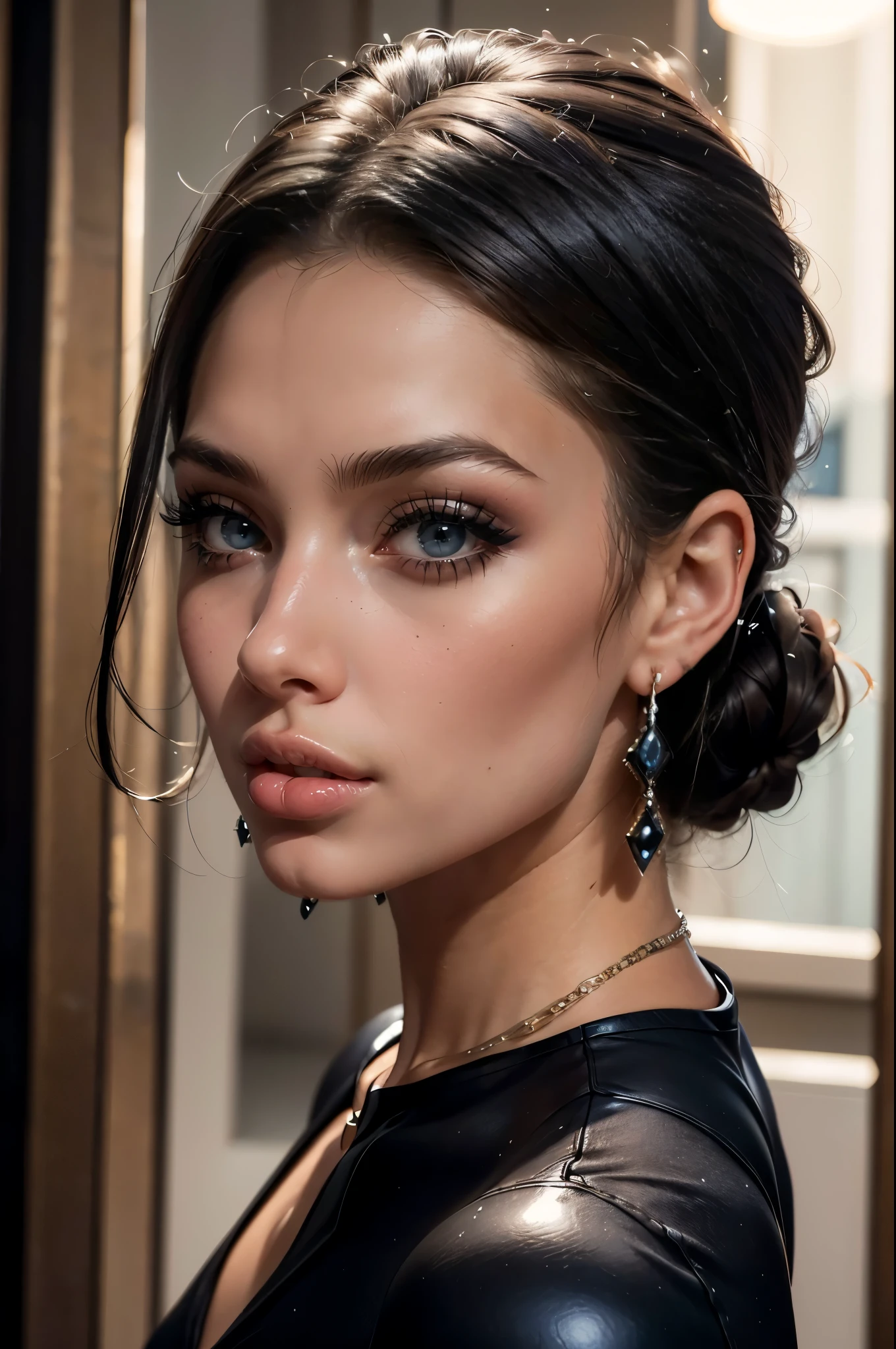 xcharleston style, 1girl, solo, blue eyes, black hair, gloves, dress, jewelry, earrings, looking back, bracelet, lips, makeup, lipstick