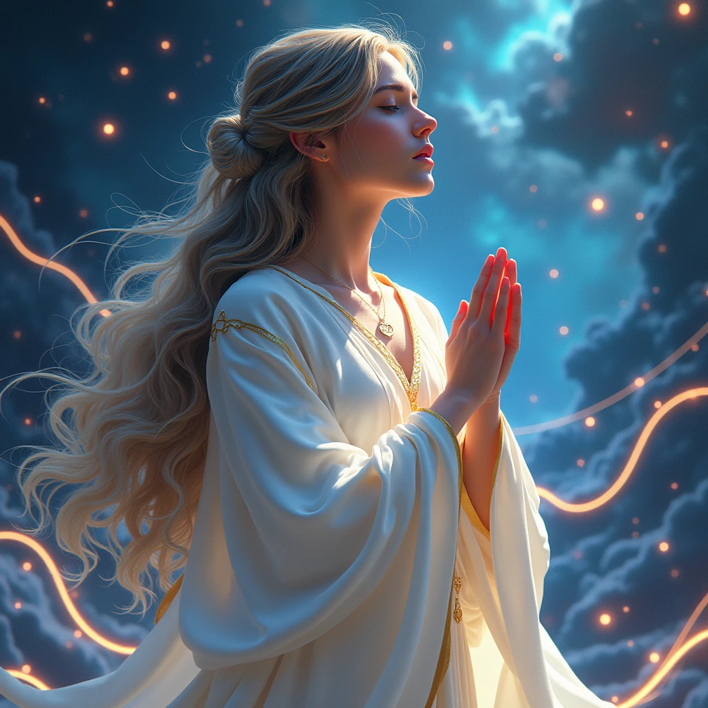 (masterpiece, top quality, best quality, official art, beautiful and aesthetic:1.2), (1girl), extreme detailed, (fractal art:1.3), colorful, highest detailed, perfect face, upper body, HDR, (praying:1.3), (white cloak golden lines:1.2), galaxy, (light streaks), striking visuals, (dynamic streaks, luminous trails:1.2), vibrant colors,