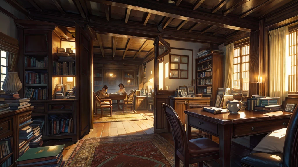 a cozy study room with stacks of books, a cup of tea, a person studying by candlelight or soft lighting, intricate detail, highly detailed, photorealistic, 8k, masterpiece, chiaroscuro lighting, warm color tones, wooden furniture, vintage, atmospheric, concentrated expression, focused, relaxed, thoughtful