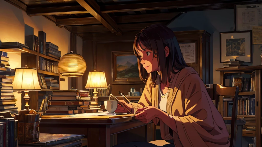 a cozy study room with stacks of books, a cup of tea, a person studying by candlelight or soft lighting, intricate detail, highly detailed, photorealistic, 8k, masterpiece, chiaroscuro lighting, warm color tones, wooden furniture, vintage, atmospheric, concentrated expression, focused, relaxed, thoughtful