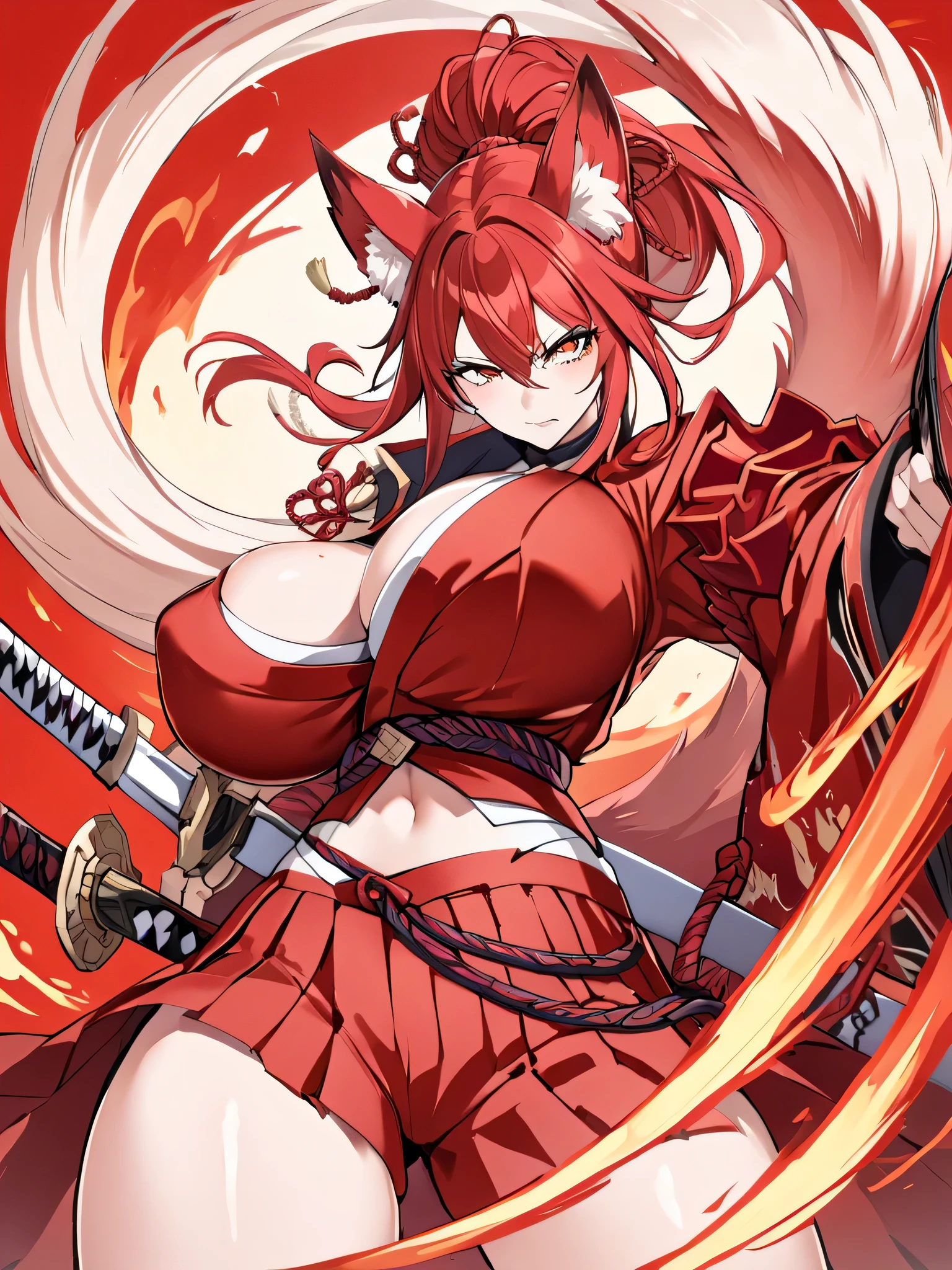 8K Best quality Best work Red long ponytail Red fox ears Nine fox tails Very large breasts Flaming Japanese sword Red jacket Long hakama Red eyeshadow on lower eyelids Red burning background Japanese style Samurai Flame hell Five fingers In battle