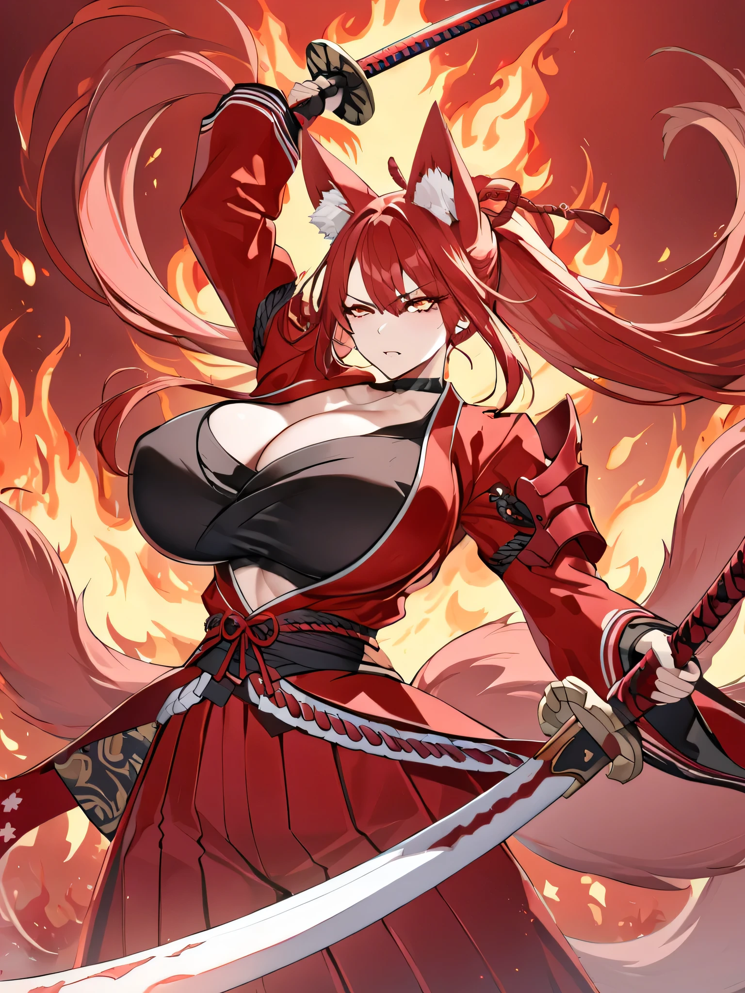  8K Best quality Best work Red long ponytail Red fox ears Nine fox tails Very large breasts Flaming Japanese sword Red jacket Long hakama Red eyeshadow on lower eyelids Red burning background Japanese style Samurai Flame hell Five fingers In battle