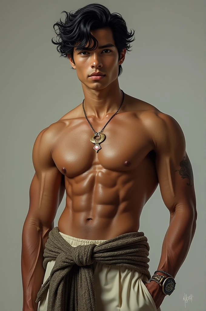 Create a male asian Indian, with Greek heritage, white skin colour, black hair, black eyes, perfect body ratio