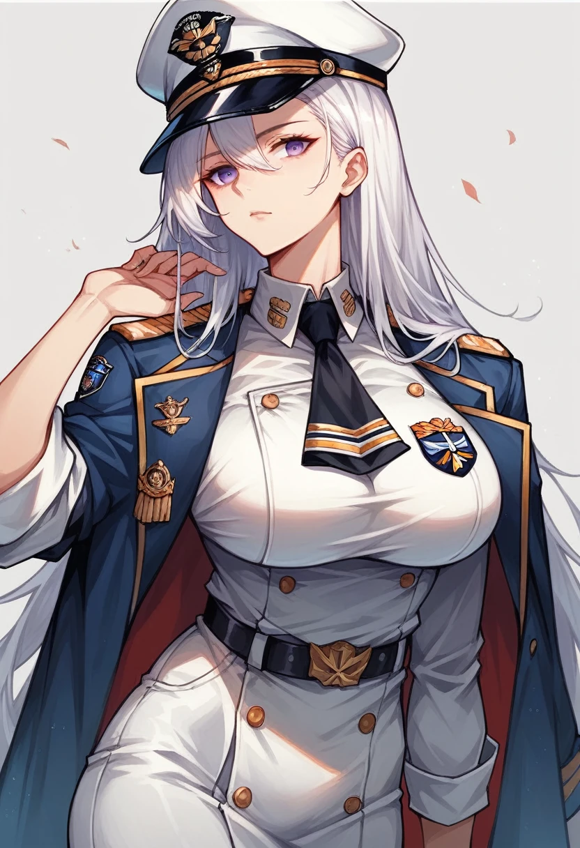 1 girl, USS Enterprise, Azur Lane, U.S. Navy admiral uniform, large breast, long white hair, purple eyes, eagle on shoulder