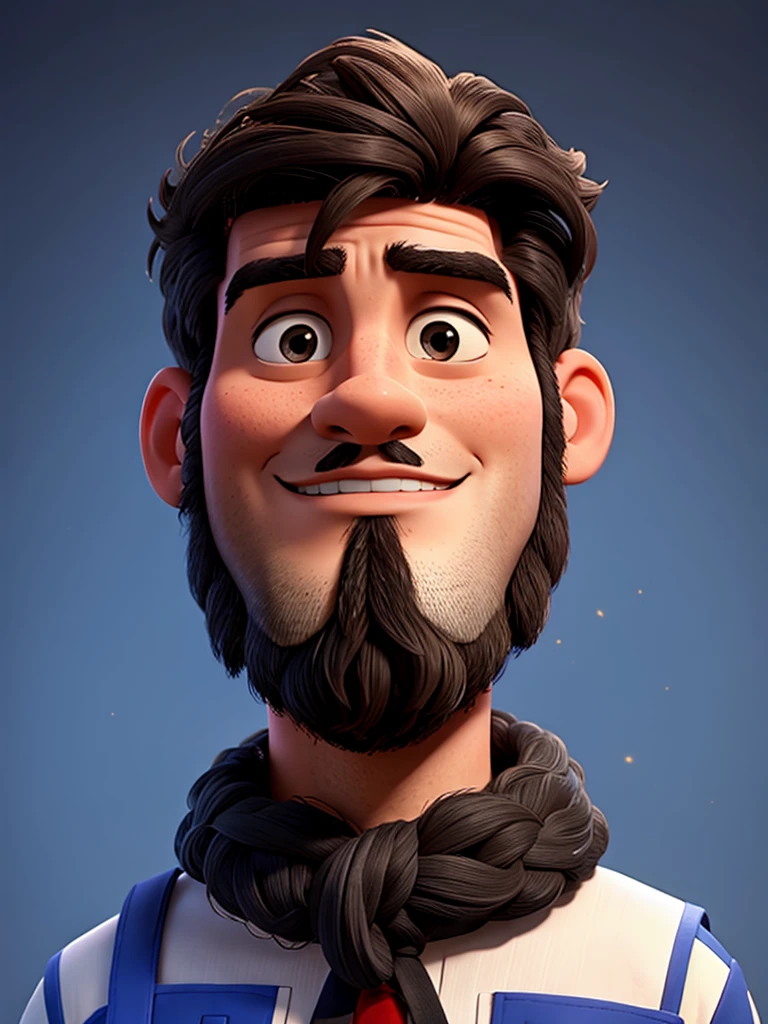 Tall dark-haired man with black hair and beard dressed in royal blue and white, he is a superhero
