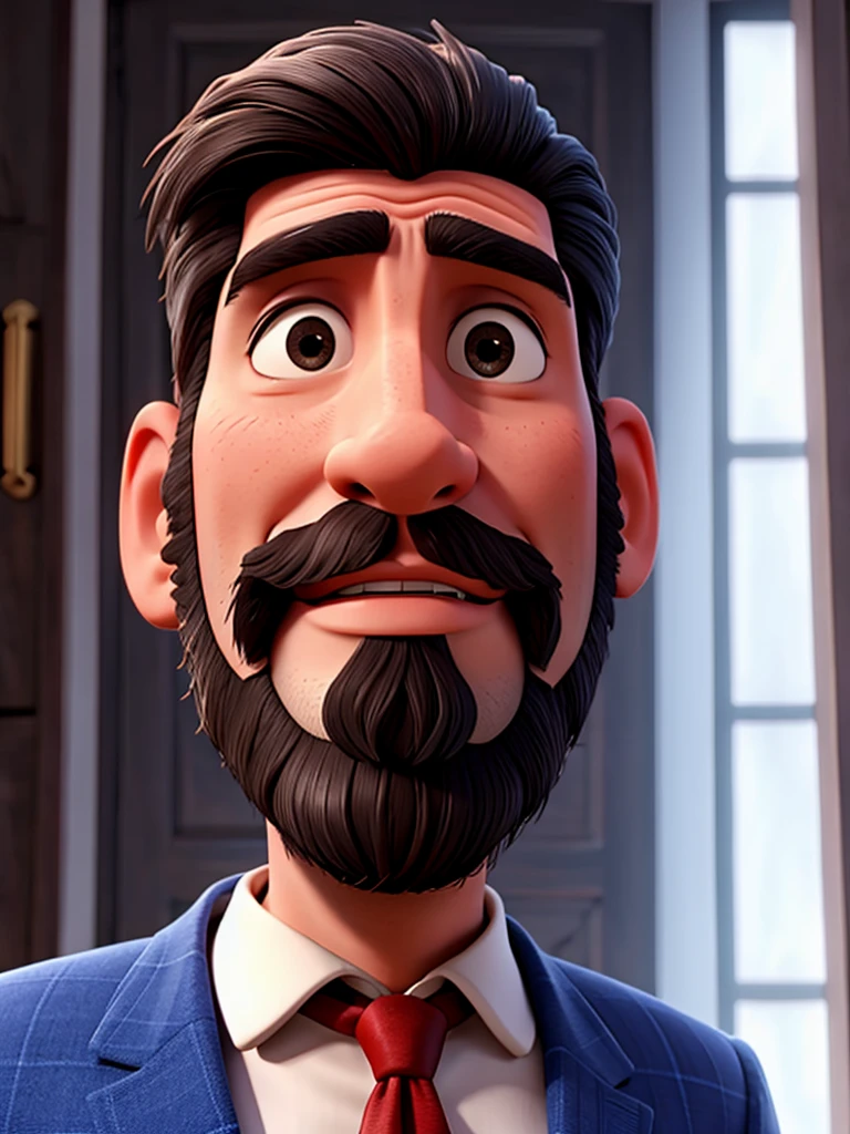 Tall dark-haired man with black hair and beard dressed in royal blue and white, he is a superhero