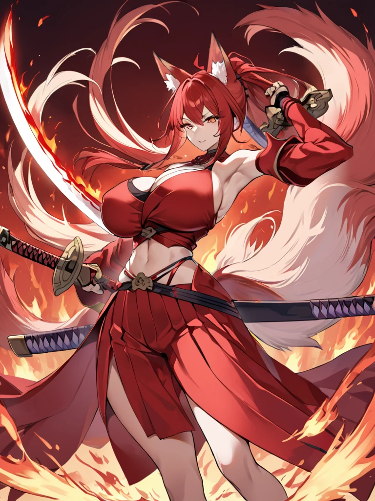 8K Best quality Best work Red long ponytail Red fox ears Nine fox tails Very large breasts Flaming Japanese sword Red jacket Long hakama Red eyeshadow on lower eyelids Red burning background Japanese style Samurai Burning hell
