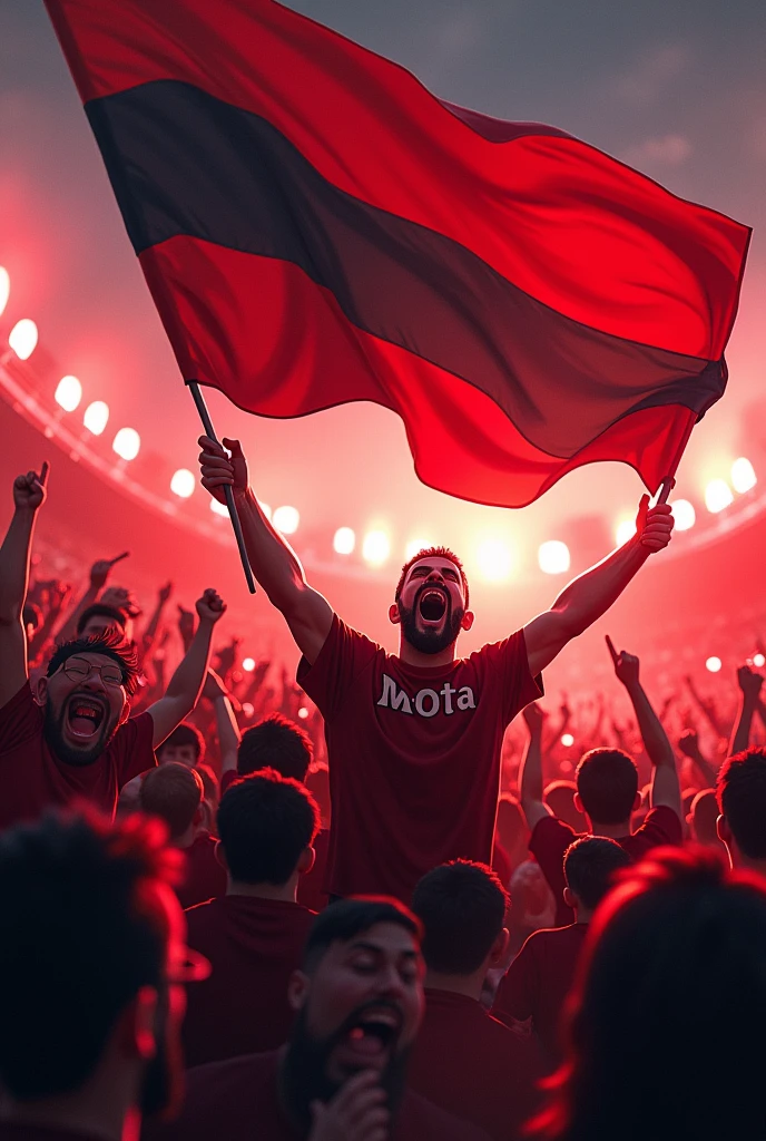 Fans of a soccer match, of a team called Mota whose colors are red and black. With totally crazy and euphoric canvas flag flares