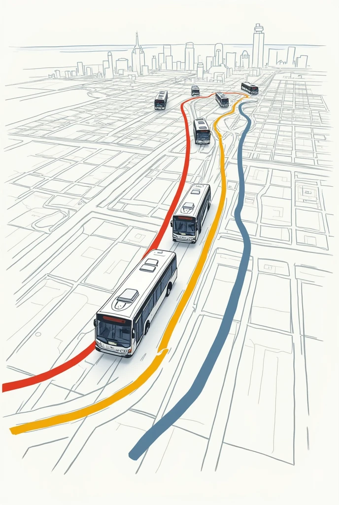 Bus route map drawing with running lines 