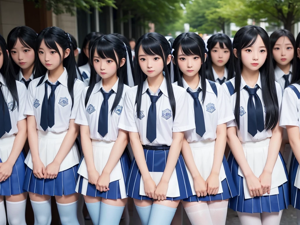 (((Clone Art、Very detailed depiction of a female avatar、8k: 1.5)))、Realistic、((16 years old))、((日本人のhigh school girl))、high school girl、((high school girl))、Beauty、woman、((Summer uniform、blue、White shirt、Skirt is light blue、White Pantyhose、Black leather shoes、Hair in a ponytail、smile: 1.9))、Beautiful Skin、Big Breasts、((There are many cloned humans who have the exact same face and body shape as the high school girl: 1.8))、Enclosure、数万人のhigh school girl、Standing、sitting、crowd、Group、Intensive、top view