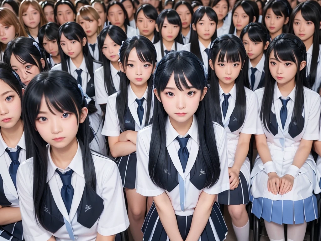 (((Clone Art、Very detailed depiction of a female avatar、8k: 1.5)))、Realistic、(())、((日本人のhigh school girl))、high school girl、((high school girl))、Beauty、woman、((Summer uniform、blue、White shirt、Skirt is light blue、White Pantyhose、Black leather shoes、Hair in a ponytail、smile: 1.9))、Beautiful Skin、Big Breasts、((There are many cloned humans who have the exact same face and body shape as the high school girl: 1.8))、Enclosure、数万人のhigh school girl、Standing、sitting、crowd、Group、Intensive、top view