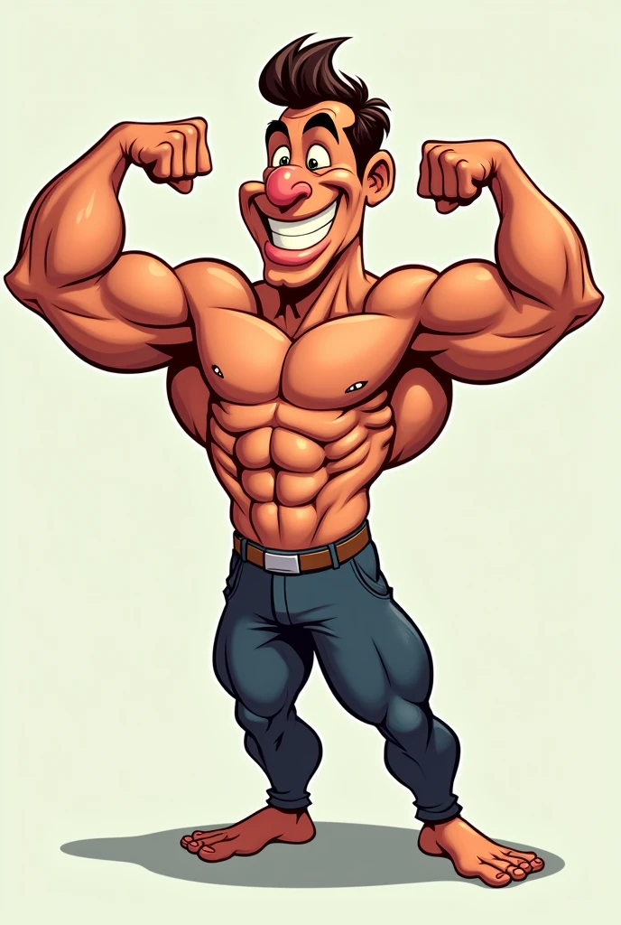 Cartoon Caricature of a handsome man, muscular body, kissing his biceps,