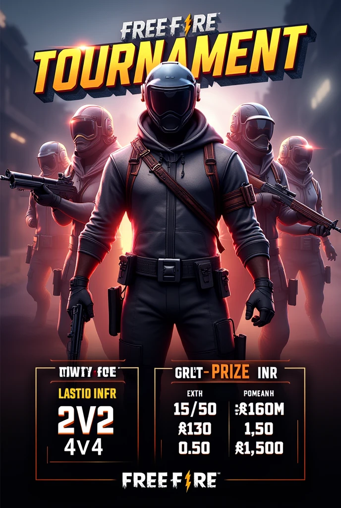Create a free fire template saying paid tournament available 2v2 and 4v4 and instructions are not pc player entry fees 30 price money 200 can you keep the money in indian rupees money you have mentioned should be in Indian rupees (INR) and mention there every sunday 12:30pm generate the template in english