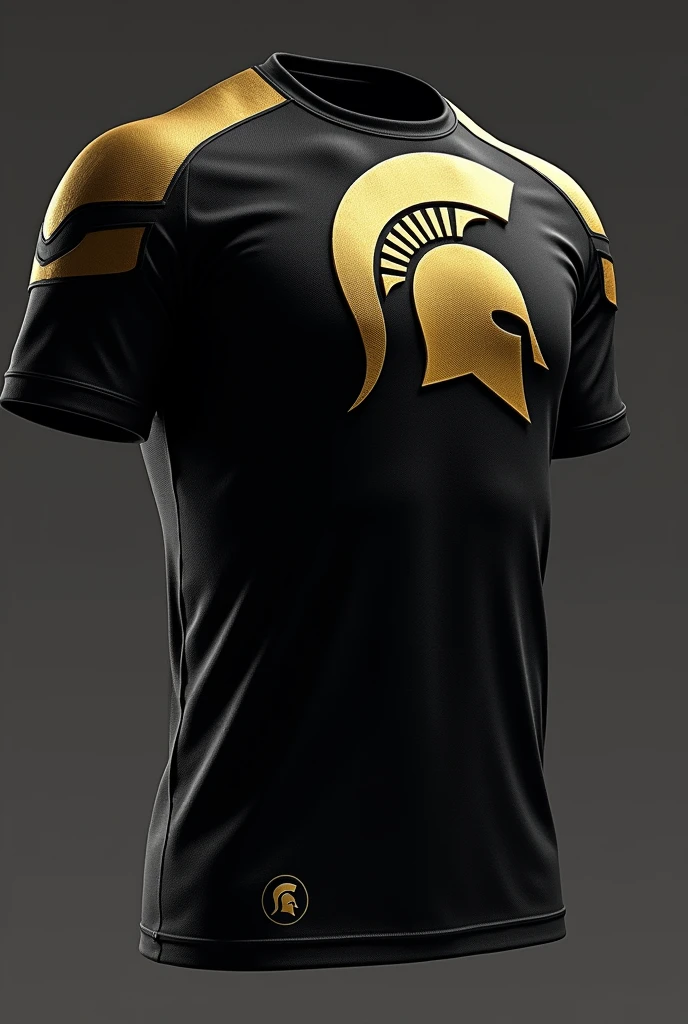 Create a black volleyball uniform shirt with gold  with a small emblem of a sword and a warrior's helmet on the left side of the chest,with large emblem on the back of the Spartan helmet
