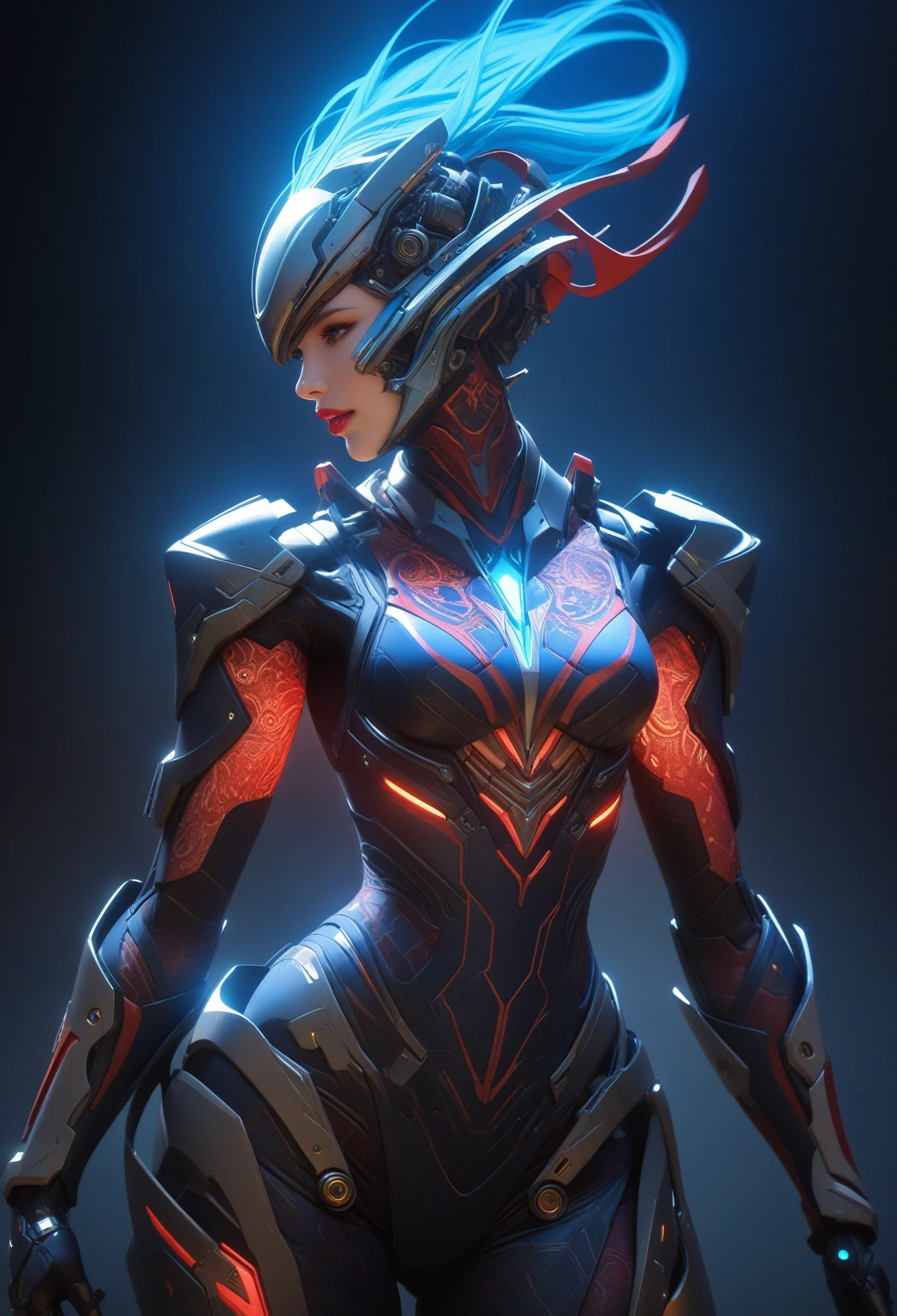 score_9, score_8_up, score_7_up, Wear blue and red mechanical clothing, Wonders of the machine, cyber, Cybernetic Guardian, Futuristic Armor, whole body, Front pose, Symmetric, Complex (Steel Metal [rust]), joint, Warframe style, cyborg, Female body armor, (Best Quality, 4K, 8K, High Definition, Masterpiece:1.2), (Ultra Detailed, Realistic, Photorealistic:1.37), detailed fractal patterned skin, cute lips, Bioluminescence, dark aura