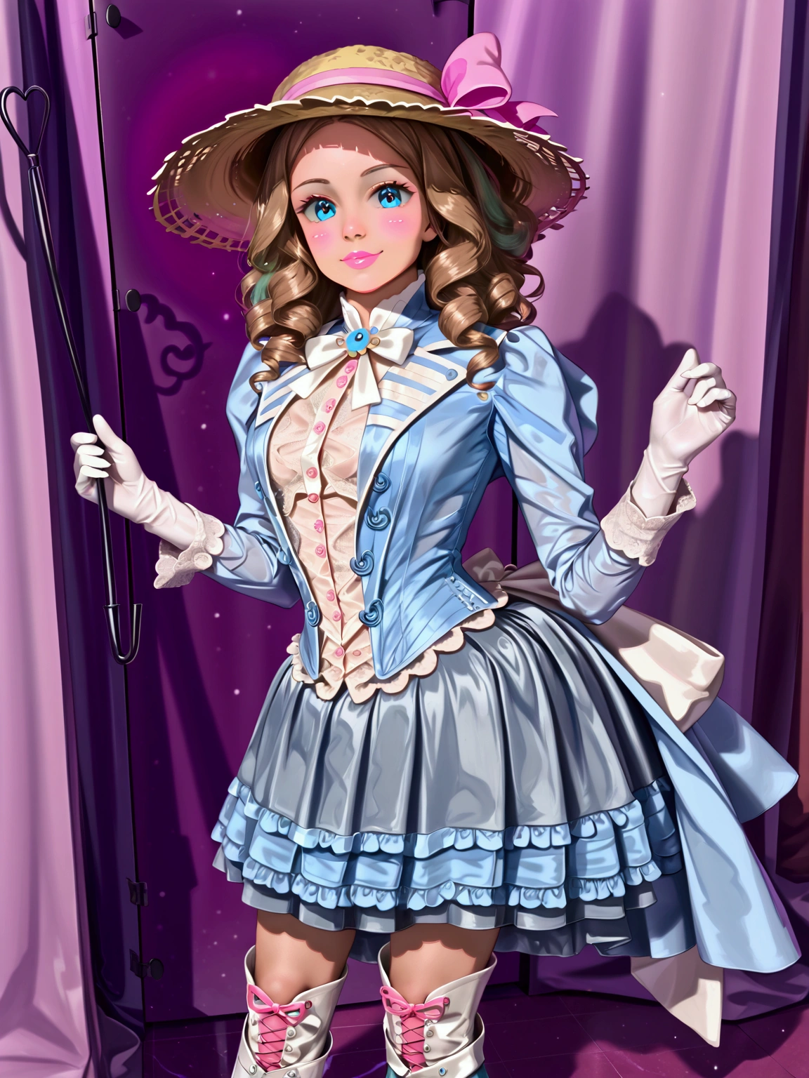 (masterpiece), (realistic), (((NSFW))). (ultra hd 8k), (realistic body proportions) Barbie as a pretty girl wearing her Victorian school uniform. Year 1895. 1890_dress. High-collar long sleeve white shirtwaist, cameo brooch, light blue shirt cloak over her shoulders, straw hat, gloves, knee-high light blue skirt, petticoats, stockings and boots. Long curly brunette hair. Short skirt. Light brown skin. Delicately holding a parasol. Outside schoolhouse.