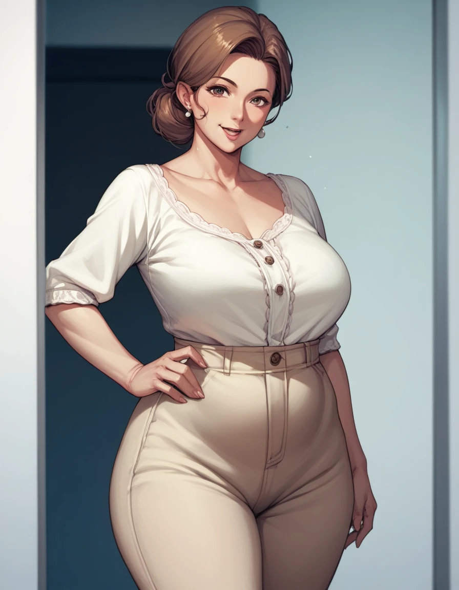 score_9, score_8_up, score_7_up, source_anime,1girl, mature female, brown hair, curvy mother, wide hips, normal breast,(excited expression:1.2), looking at viewer, standing, nude, half complete body view