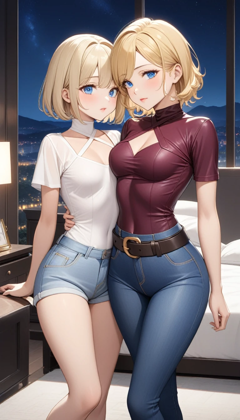 Two beautiful ladies ((lady 1: 35y old mom, with short straight blonde hair, lady 1 with blue eyes and caucasian skin, lady 1 wearing Tight Jeans and Leather Belt, lady 1 Sexy Criss Cross Mock Neck Short Sleeves Orange Blouse)), ((lady 2: y olaughter, with short straight blonde hair, lady 2 with blue eyes and caucasian skin, lady 2 wearing Tight Jean Shorts and Leather Belt, lady 2 Sexy Criss Cross Mock Neck Short Sleeves Burgundy Blouse)), luxurious jewelry, 18k gold wedding ring on left hand, standing in their bedroom at night, hugging and kissing each other, (light brown lipstick), (elegant mascara), (slim body), (small breasts), (wide hips), endjourney, <lora:GoodHands-, <lora:GoodLegs-, UHD, high resolution, (expressive eyes, perfect face, full body, expressive face, perfect body, perfect pussy, athletic, fit, slim body, blushing, Perfect makeup, eyeliner, beautiful eyelashes, smiling, horny face), ((best illumination, best shadows)), ((sexy pose)), ((Front pov:1.1))