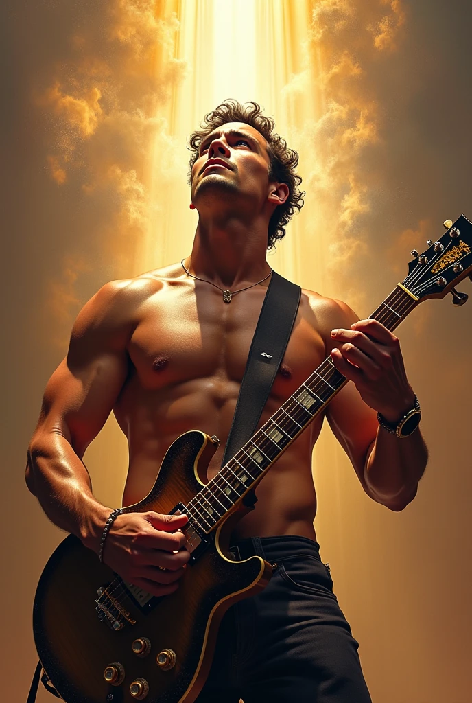 Inspiring image involving muscles, musical virtuosity, guitar and christian faith 