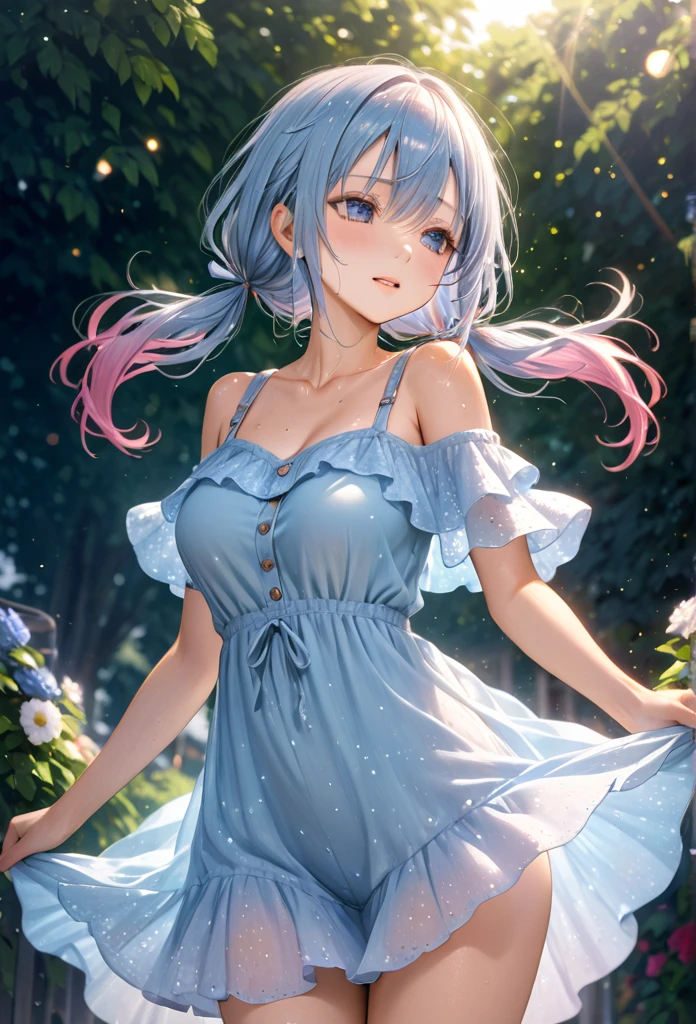 Highest quality　masterpiece　High resolution　masterpieceグレーアイズ　Low Twintails、casual summer outfit　、flowerpunk、Sparkling light particles、Vivid gradient effect