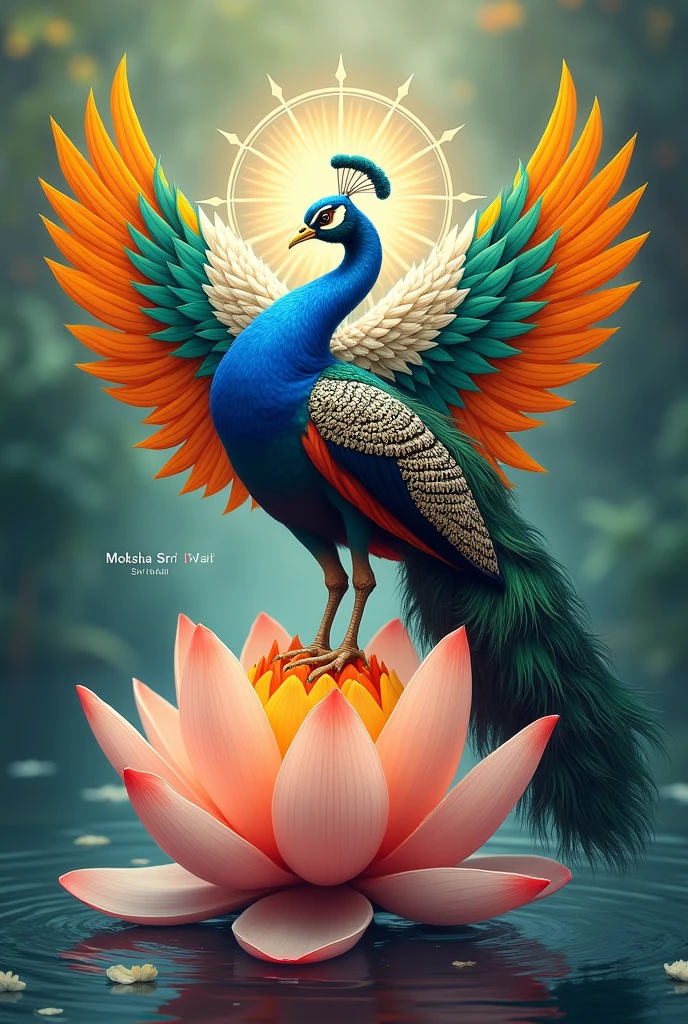 Using Indian flag colours peacock with Ashok chakra with wings on lotus flower below with the name Moksha Sri Valli under the lotus