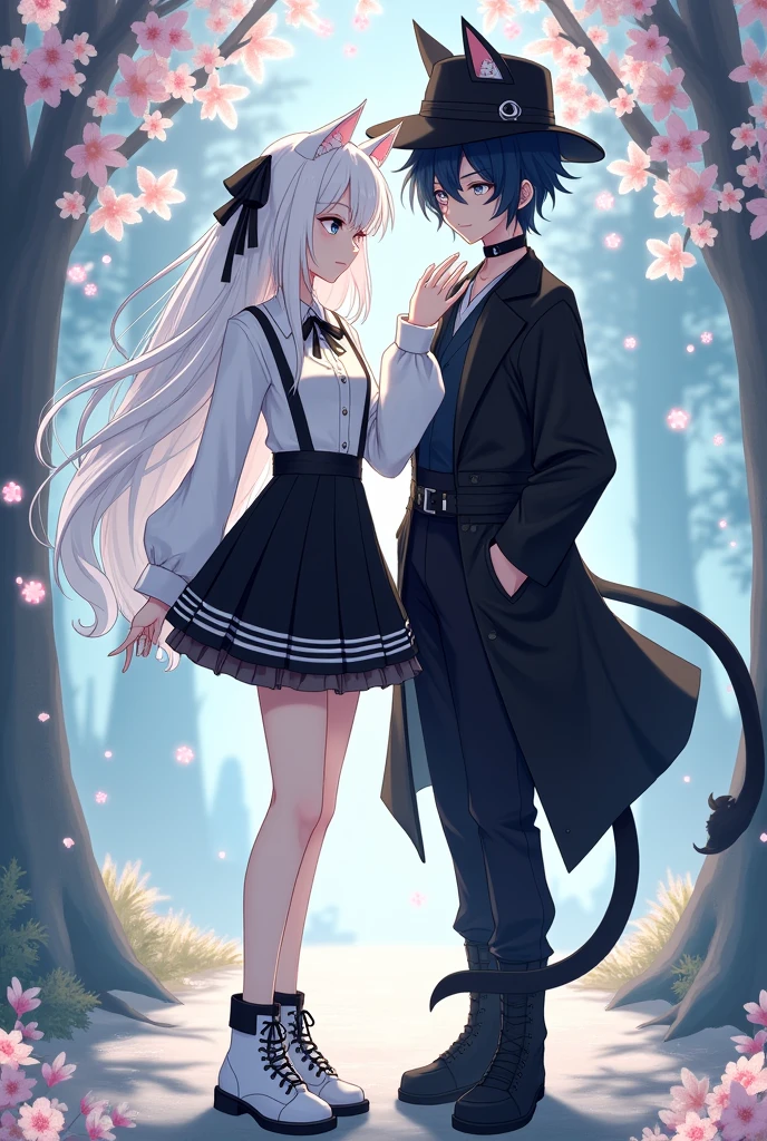 anime couple, anime girl, Loose wavy white hair, long,black and white blouse,short black skirt with white lines,White cat ears,Black Celcetas, White shoes, anime boy,black fur,black hat, grey eyes,black clothes, black cross collar,black pantaloon,black boots