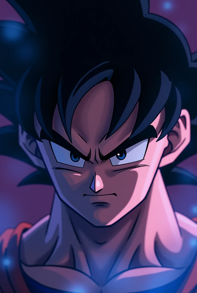 Make a goku‚ background color is purple‚ and reduce a light and power‚ it is use of power‚ only face‚ light color is blue