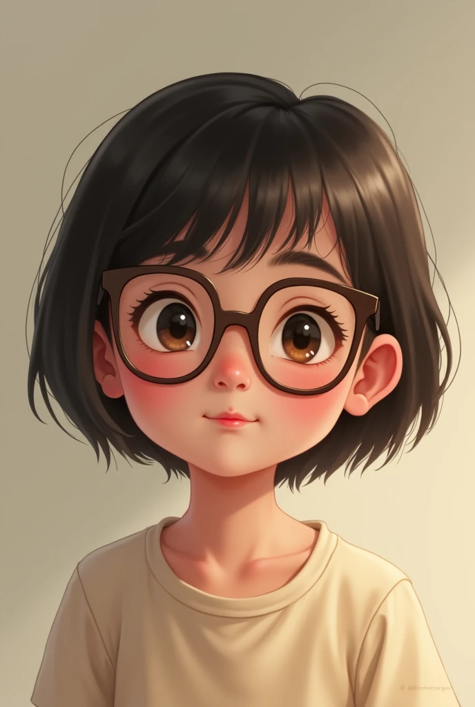 short hair, small eyes with glasses, a tender look, red lips, a round nose and a chubby face.